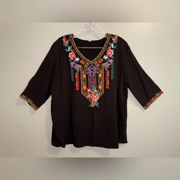 Embroidered Colorful Bold Floral Women's Blouse Shirt Black V-Neck Southwestern - Picture 14 of 16